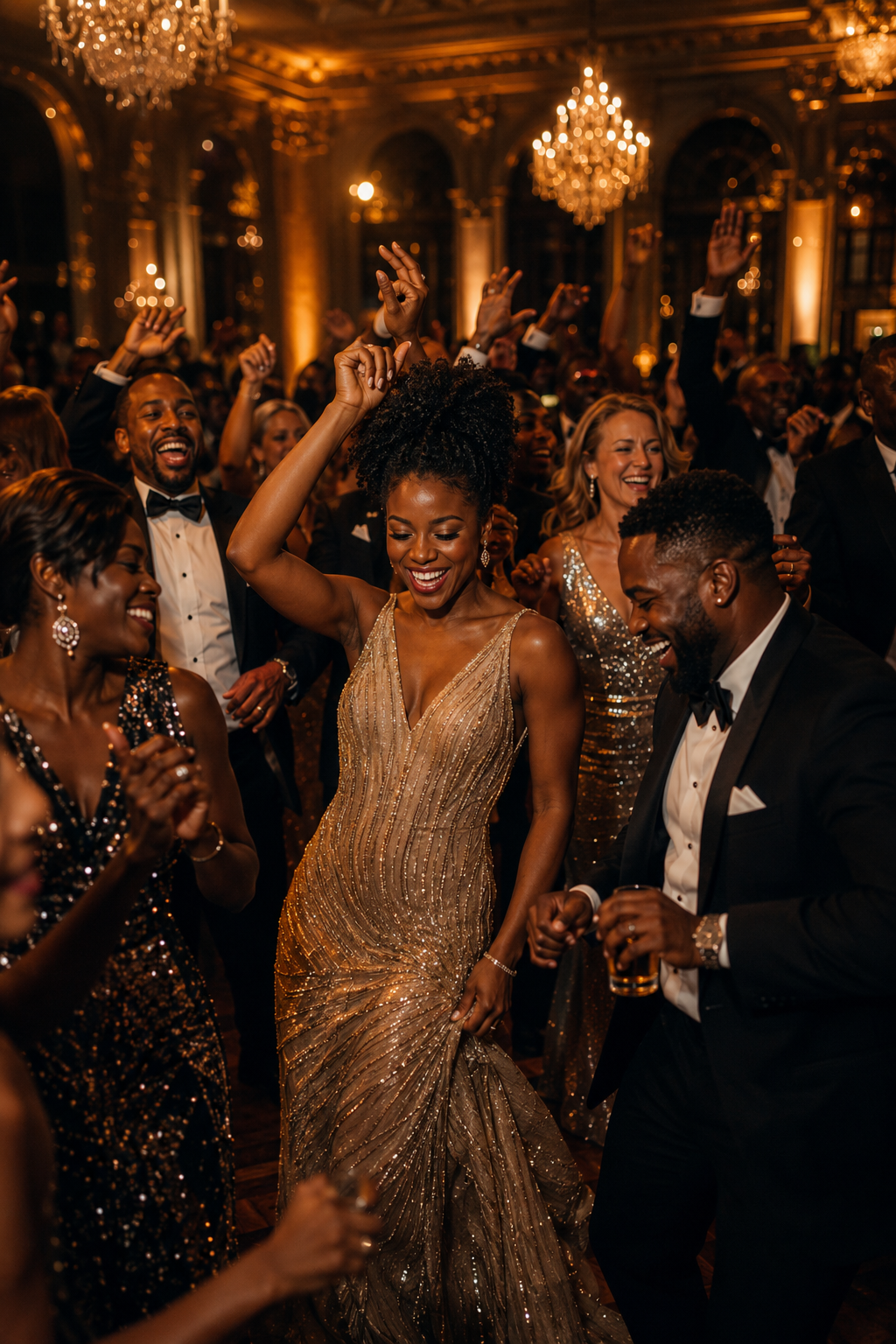 Guests in formal attire dancing joyfully under chandeliers at a luxury gala