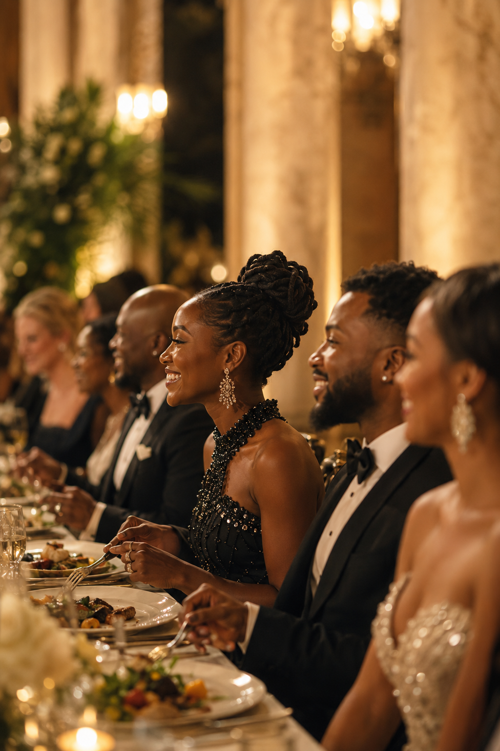 Elegantly dressed guests in black tie attire enjoying a candlelit gala dinner