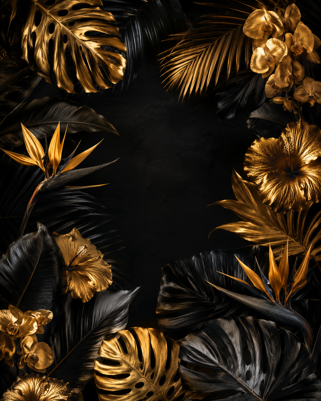 Black and gold tropical floral arrangement framing the section