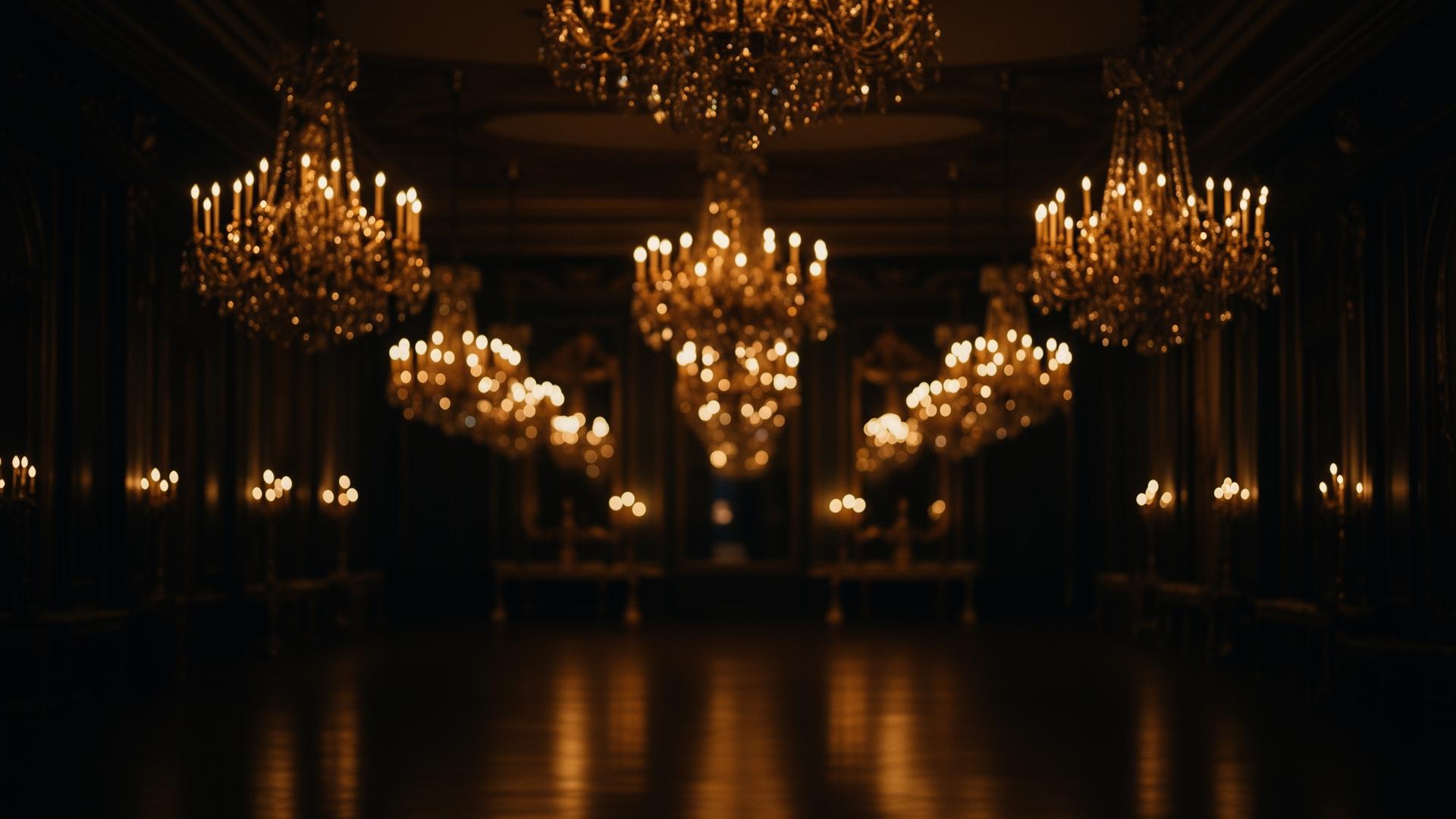 Elegant candlelit ballroom interior with chandeliers